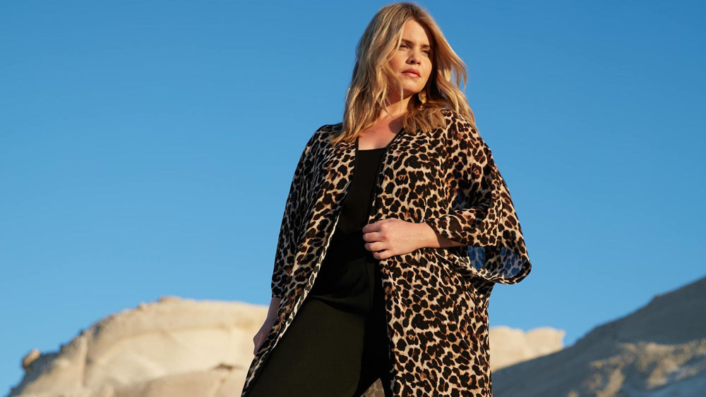 Model wears Black Crinkle Kimono