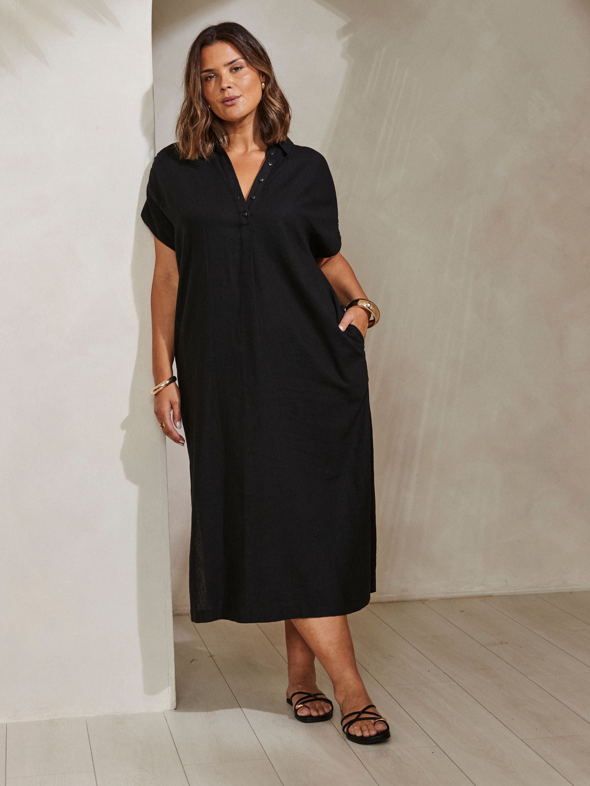 Black Linen Blend Chuck On Shirt Dress