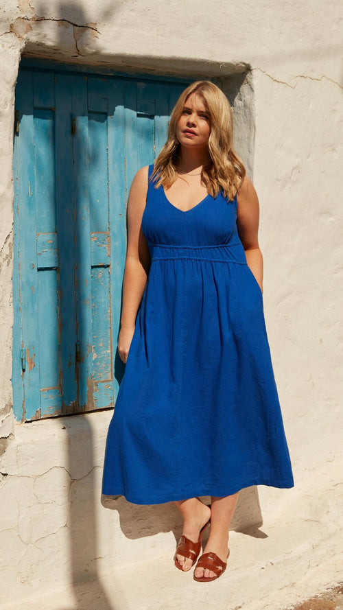 Model wears Blue Linen Blend V-Neck Midi Dress