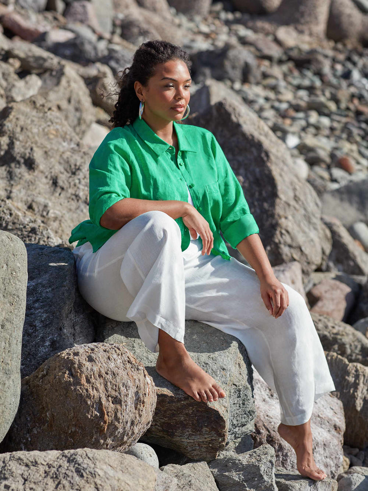 White Linen Straight Wide Leg Trouser