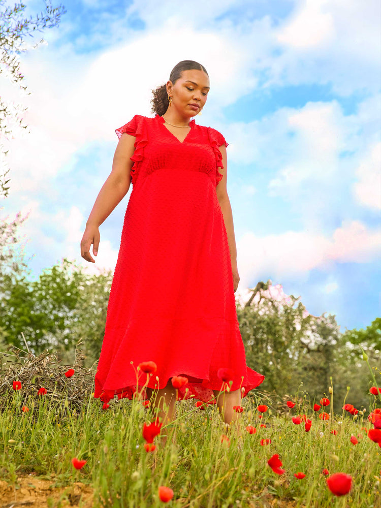 Red Textured Ruffle Sleeve Midi Dress