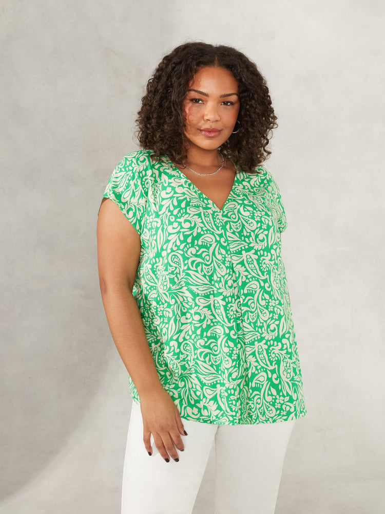 Green Paisley Print Pleat Tee