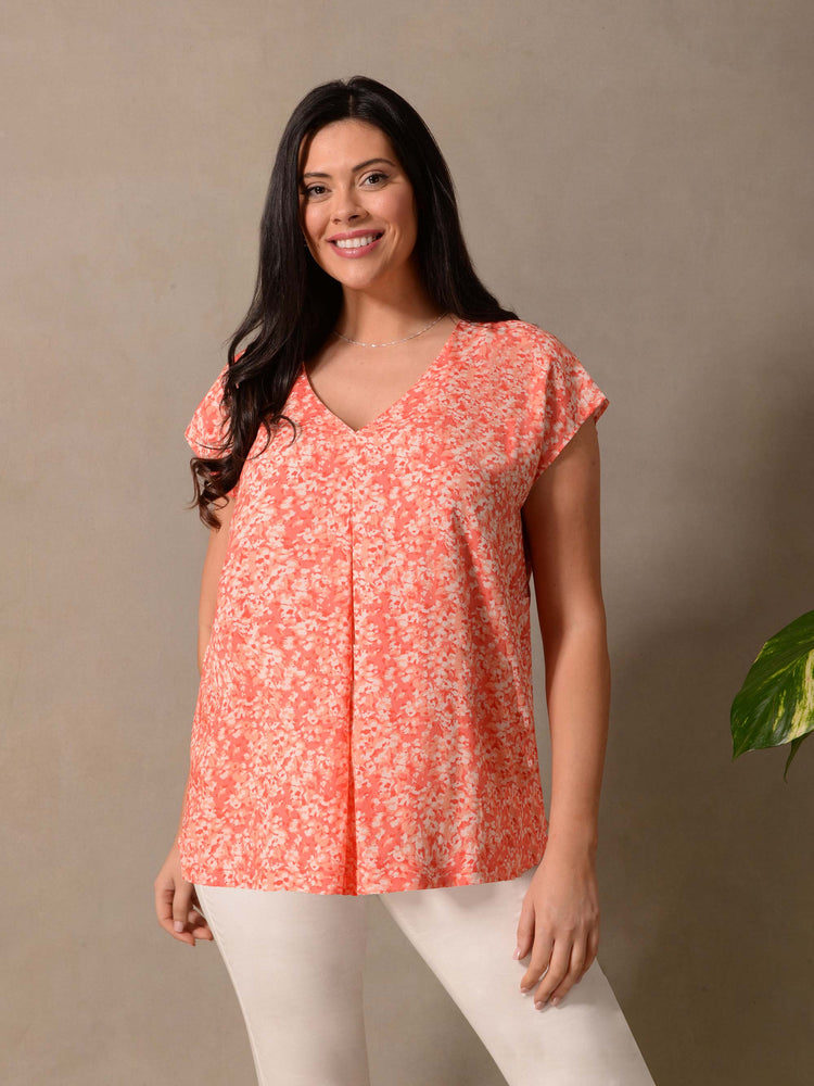 Coral Ditsy Print Pleat Tee