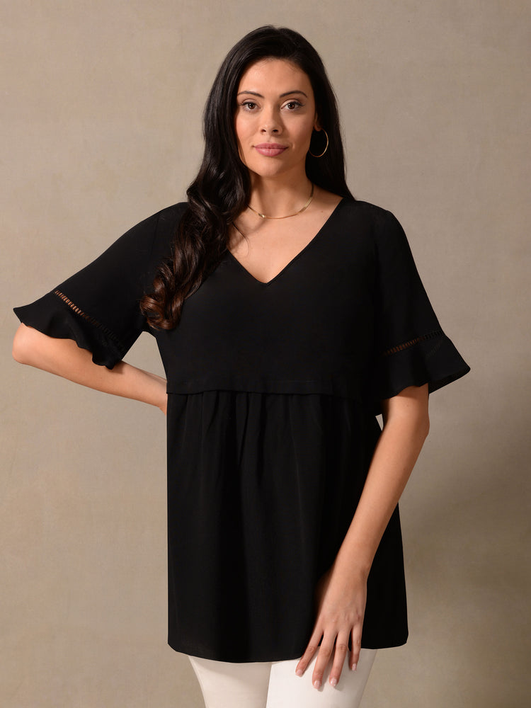 Black Short Sleeve Ladder Trim Blouse