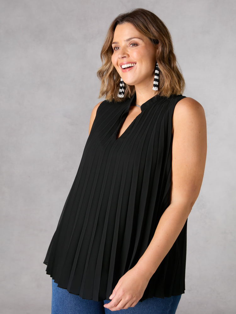 Black Pleated Sleeveless Blouse