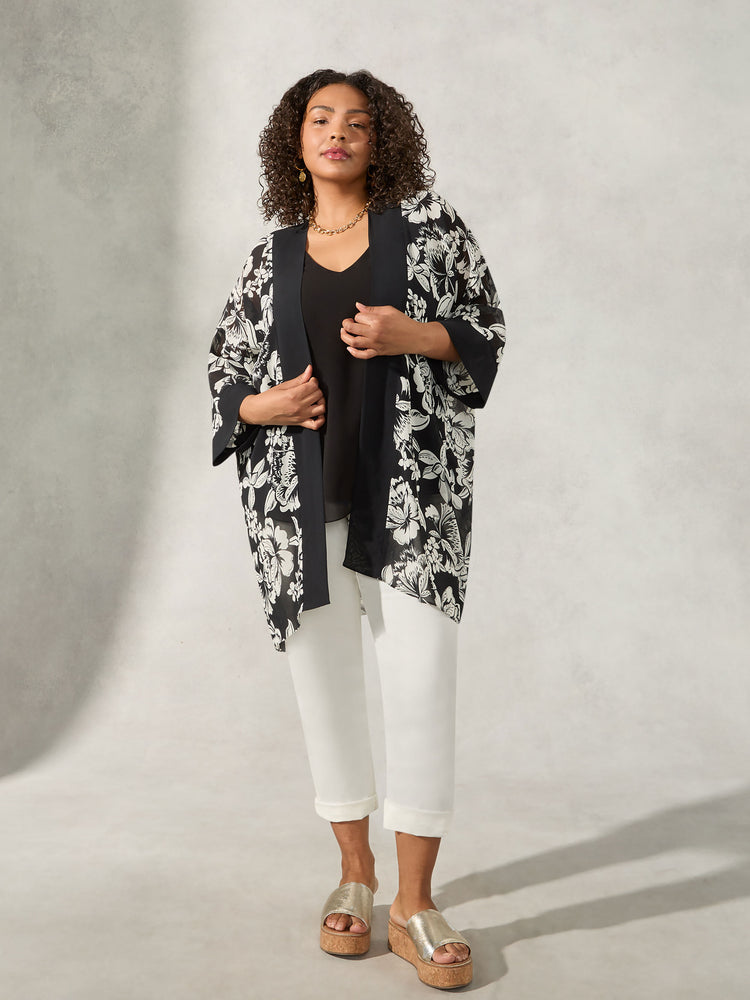 Mono Floral Contrast Band Kimono