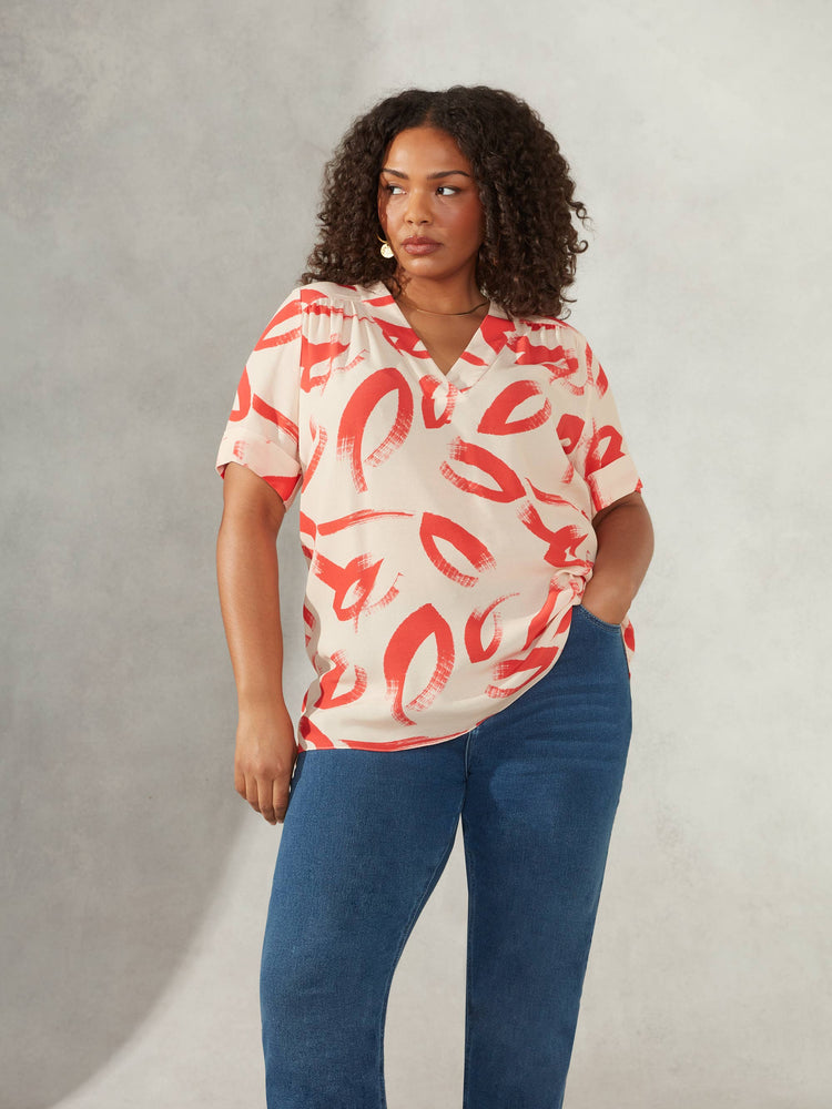 Red Brushstroke Print V-Neck Blouse