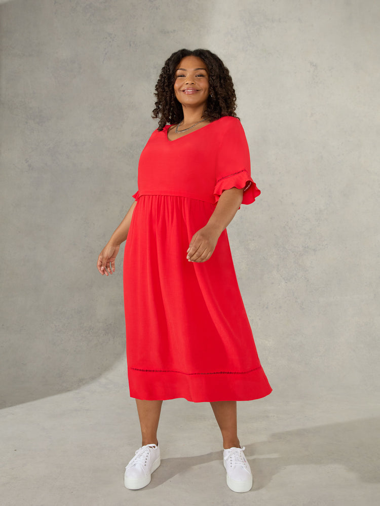 Red Ladder Trim Frill Sleeve Dress