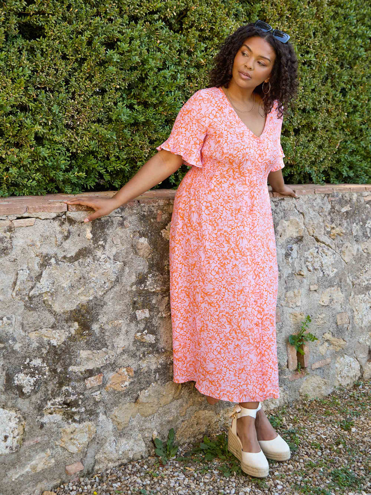 Orange Floral Shirred Waist Midi Dress