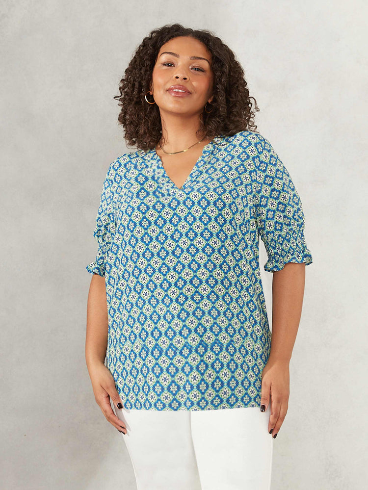 Blue Tile Print Shirred Cuff Blouse