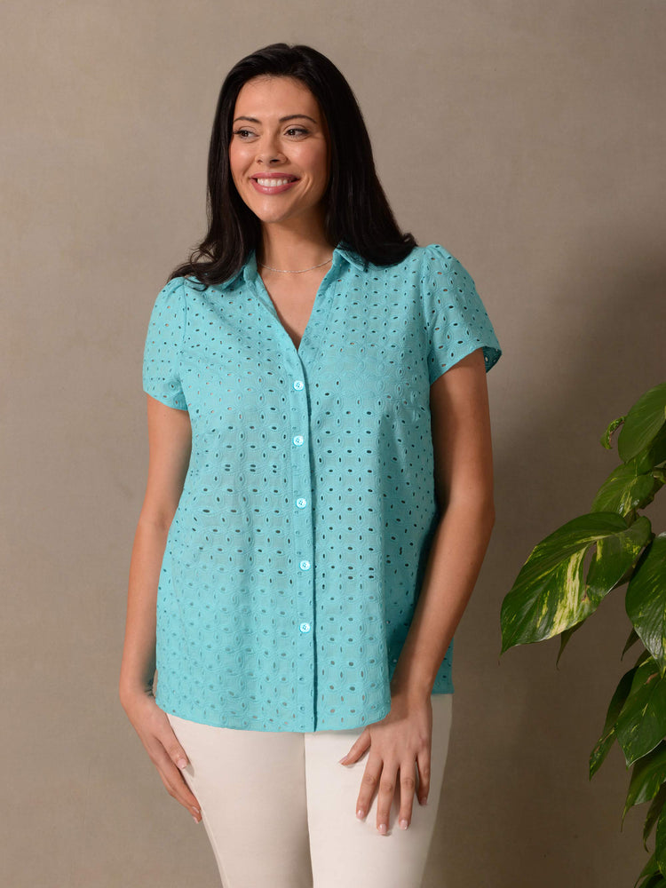 Turquoise Broderie Short Sleeve Shirt