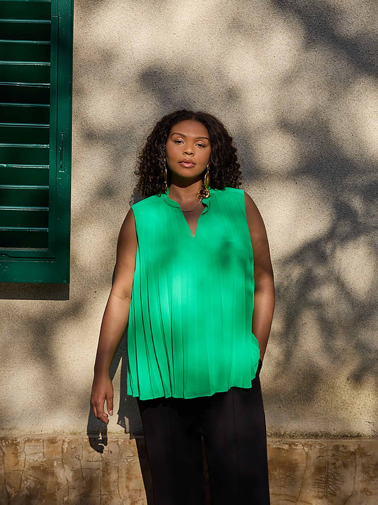 Green Pleated Sleeveless Blouse