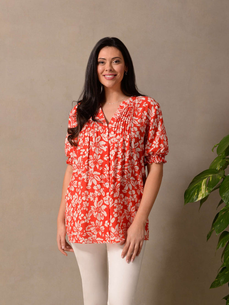 Red Floral Short Sleeve Pintuck Blouse