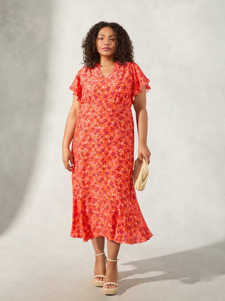 Red Floral Flutter Sleeve Midi Dress
