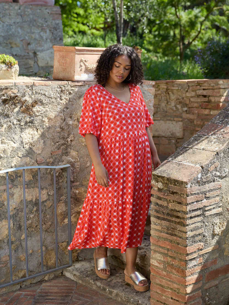 Red Geo Print Tiered Midaxi Dress