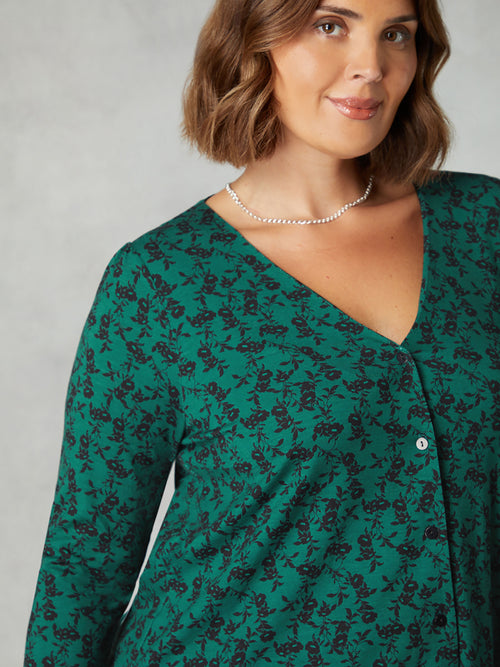 Green Floral Print Jersey Button Through Shirt