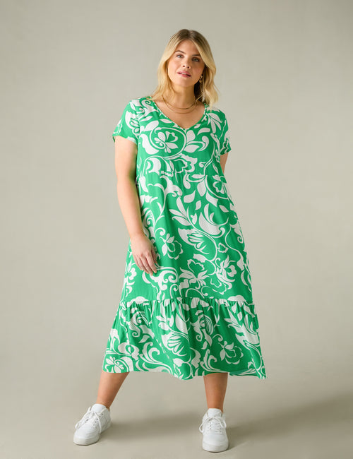 Green Paisley Print V Neck Dress