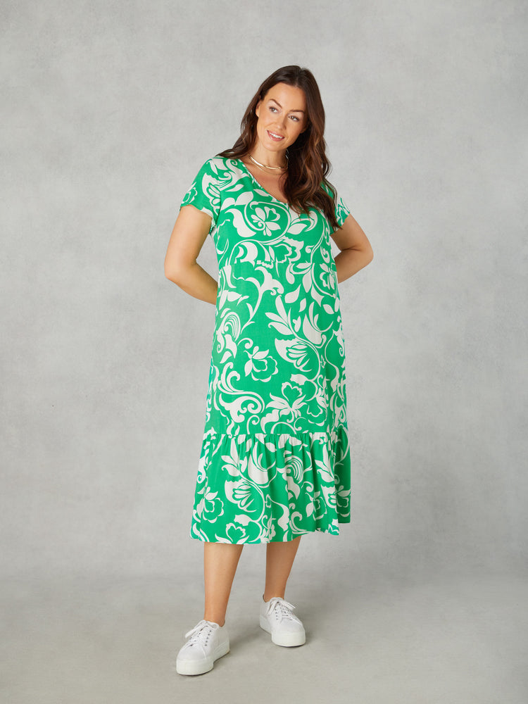 Petite Green Paisley Print V-Neck Dress
