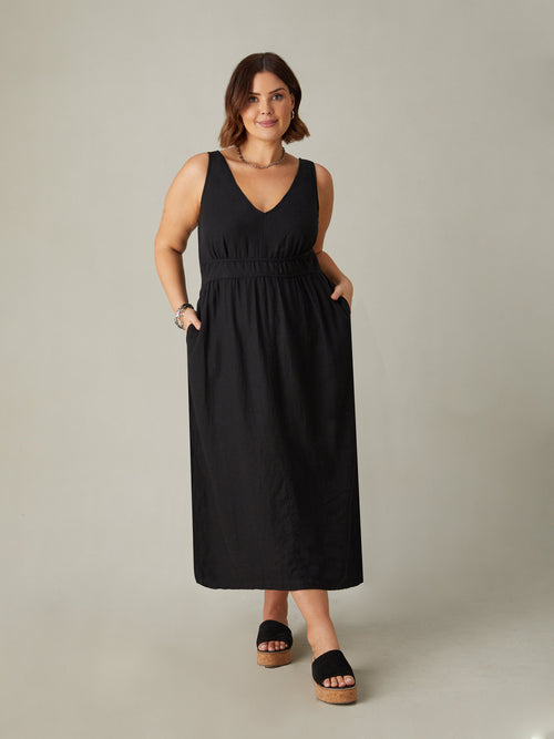 Black Linen Blend V-Neck Midi Dress