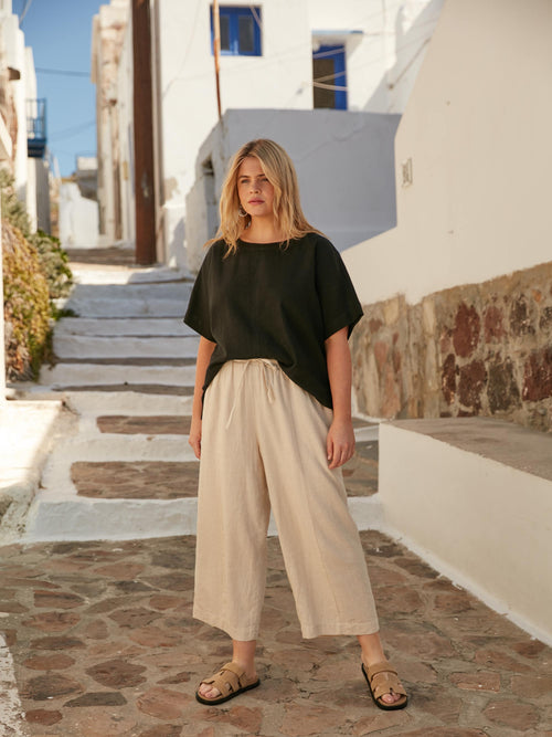 Natural Linen Blend Wide Leg Cropped Trousers
