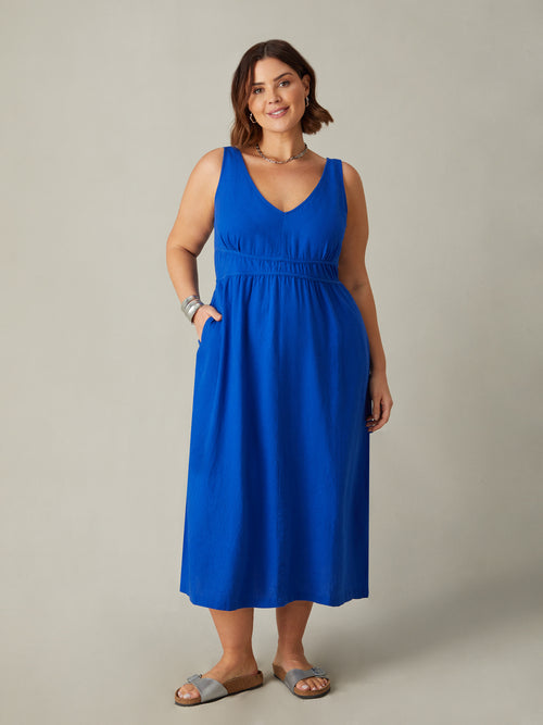 Blue Linen Blend V-Neck Midi Dress