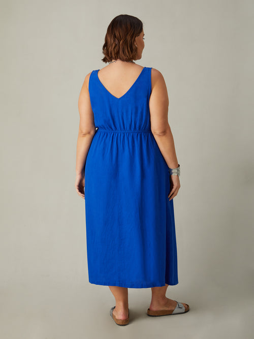 Blue Linen Blend V-Neck Midi Dress