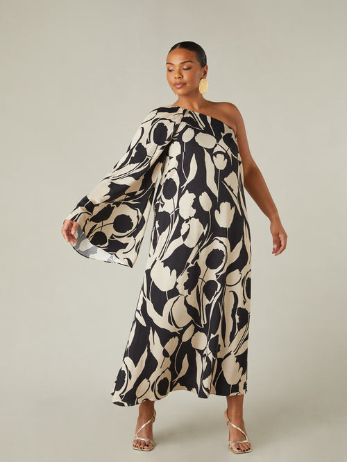 Mono Floral Print One Shoulder Maxi Dress