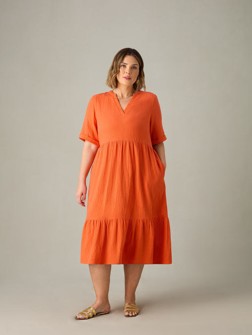 Orange Cotton Crinkle Tiered Dress