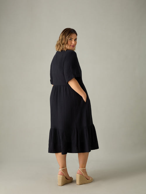 Black Cotton Crinkle Tiered Dress