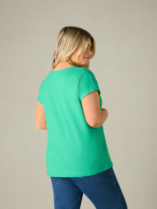 Green Cotton Slub Scoop Neck T-Shirt