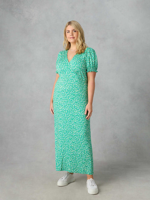 Green Ditsy Jersey Shirred Cuff Maxi Dress