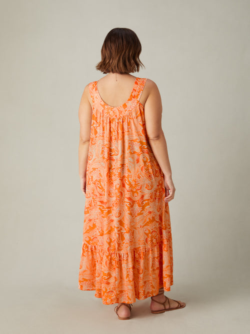 Orange Paisley Tiered Midaxi Dress