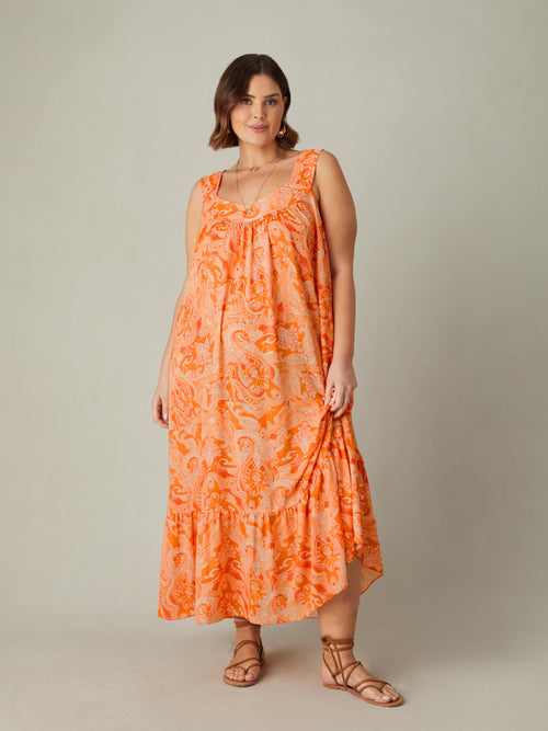 Orange Paisley Tiered Midaxi Dress