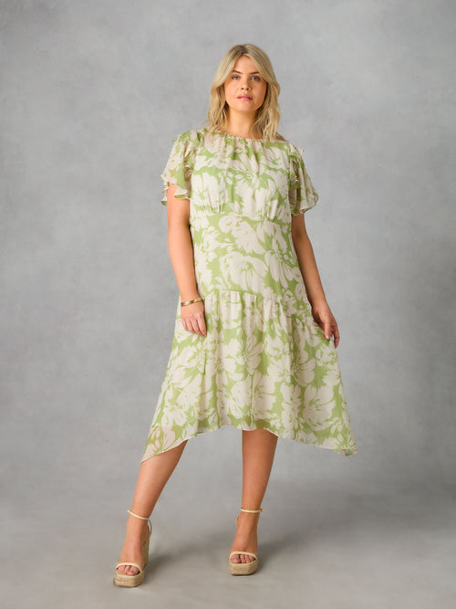 Green Floral Ruffle Sleeve Midaxi Dress