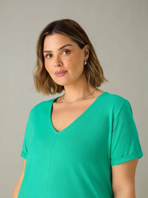 Green Cotton Slub V-Neck T-Shirt
