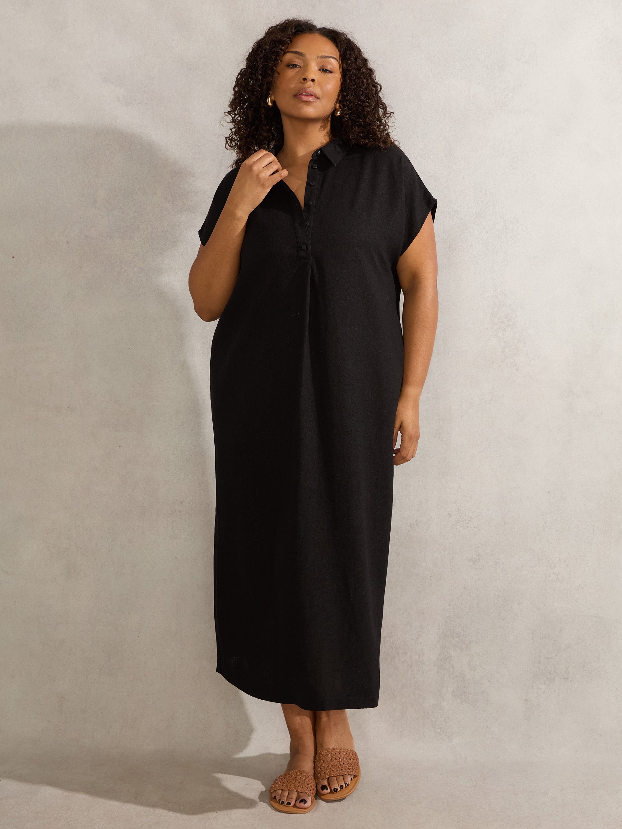 Black Linen Blend Chuck On Shirt Dress