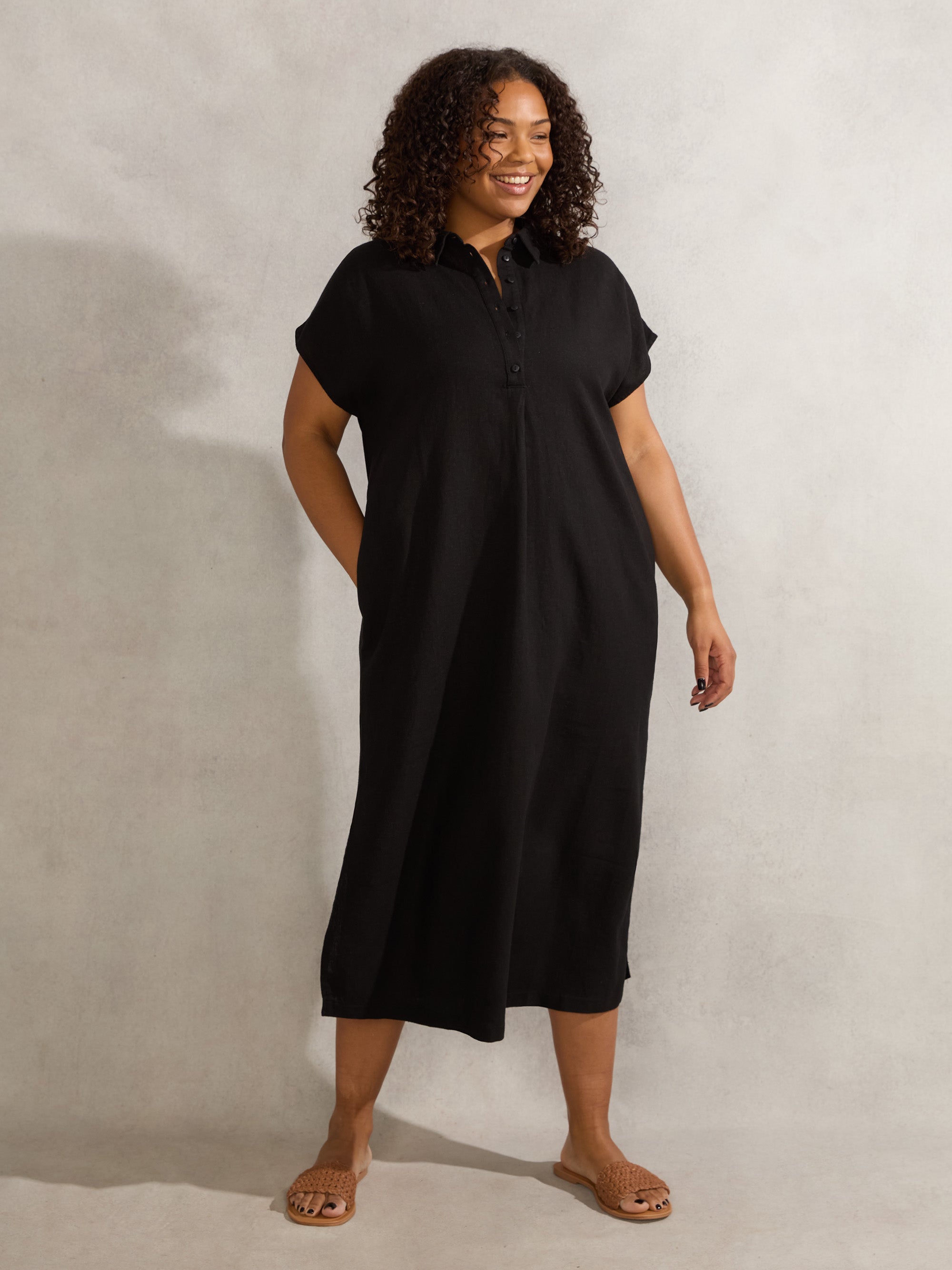 Black Linen Blend Chuck On Shirt Dress
