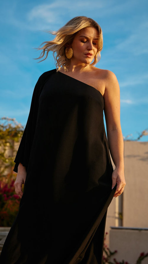Model wears Black One Shoulder Maxi Dress