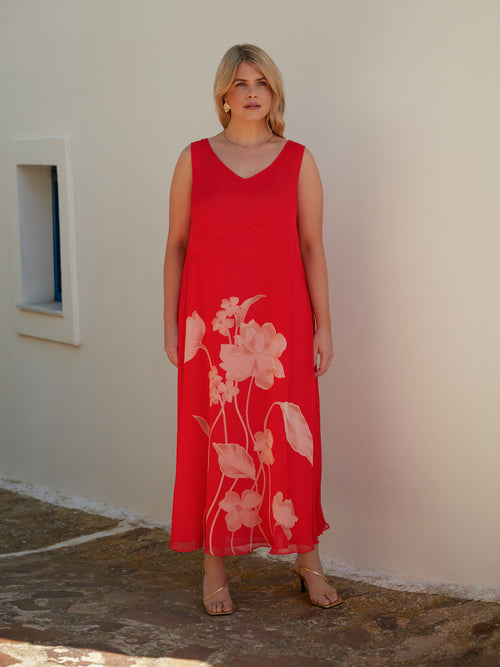 Red Floral Print Sleeveless Maxi Dress