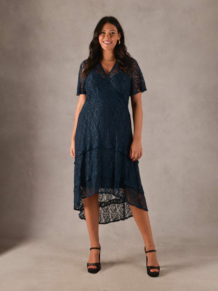 Petrol Blue Ruffle Stretch Lace Midaxi Dress