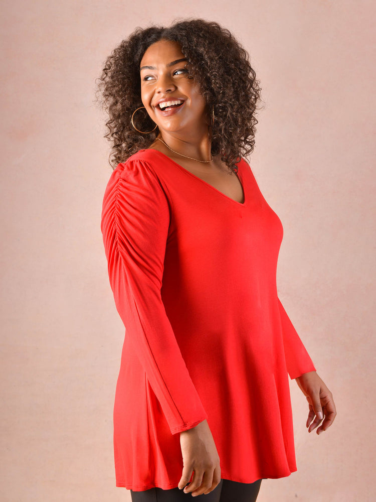 Red Gathered Sleeve Jersey Top