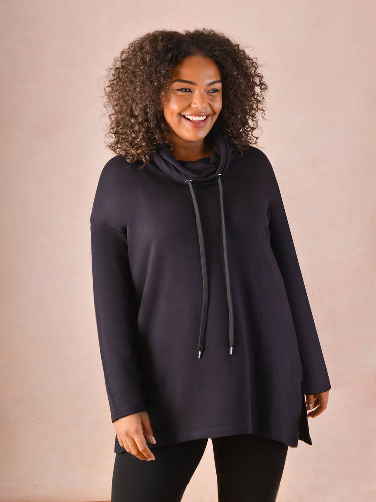 Black Slouchy Neck Casual Longline Top