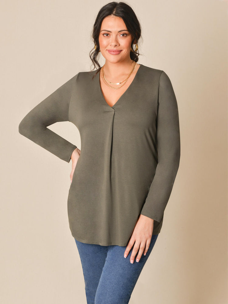Khaki Pleat Front Jersey Swing Top