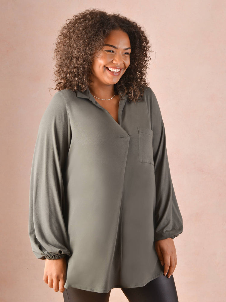 Khaki Longline Jersey Shirt With Front Pocket
