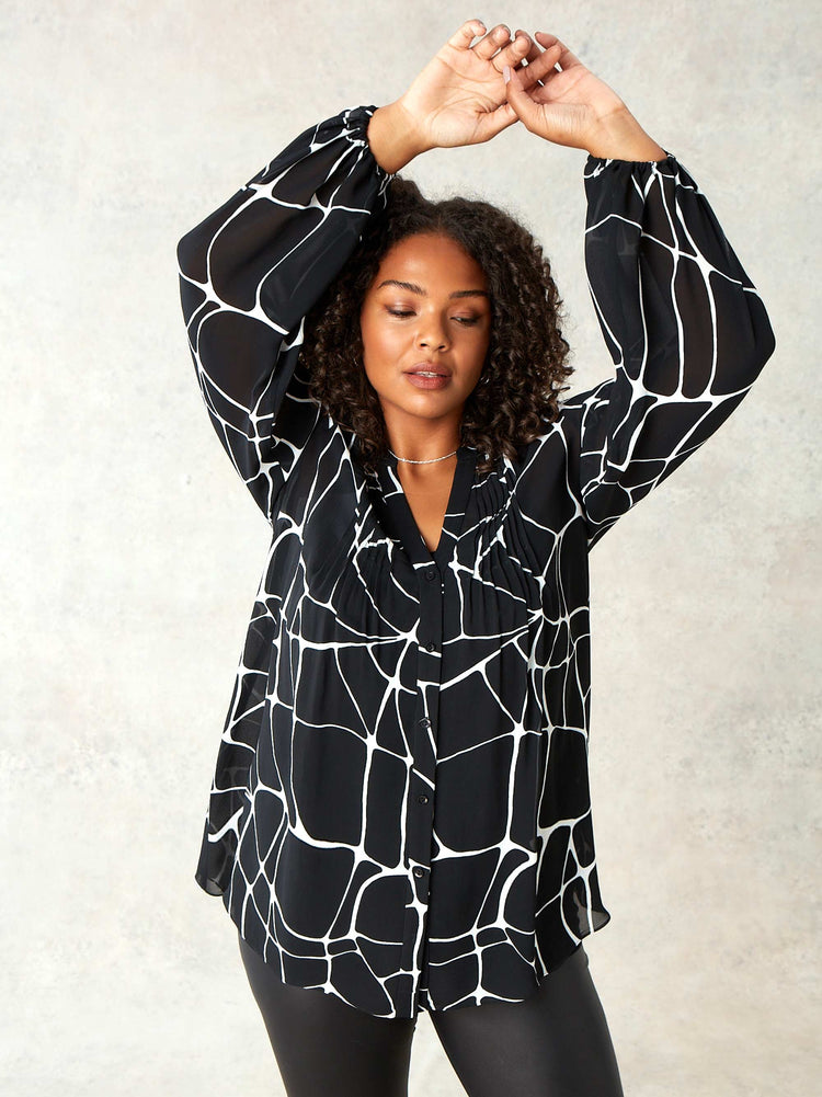 Mono Giraffe Print Pintuck Blouse
