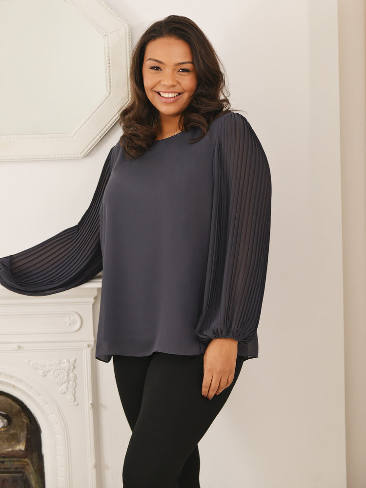 Slate Pleated Sleeve Blouse