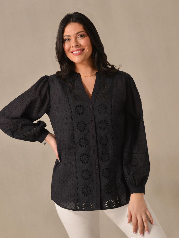 Black Cotton Broderie Detail Blouse