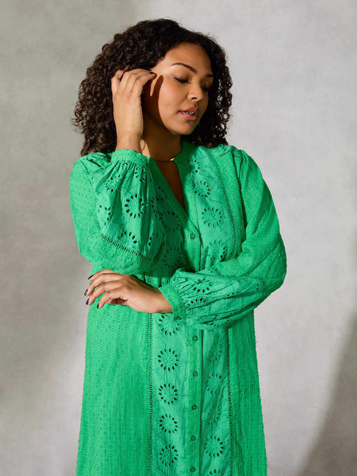 Green Cotton Broderie Shirt Dress