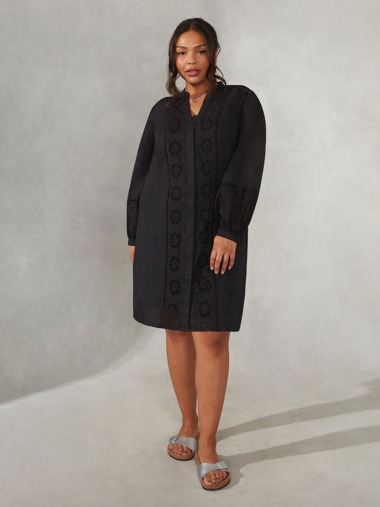 Black Cotton Broderie Shirt dress