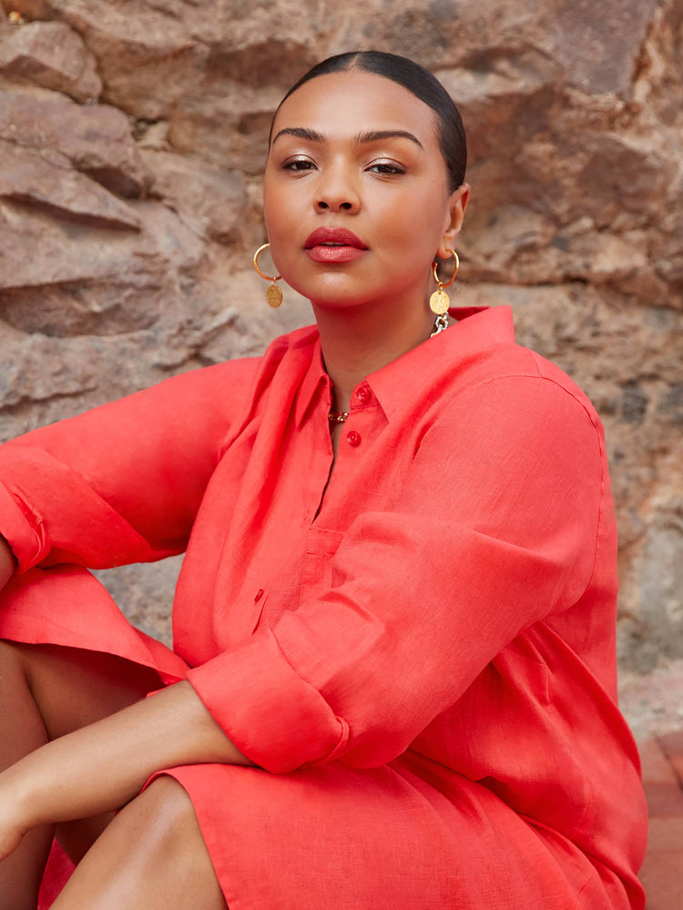 Red Linen Longline Shirt Dress